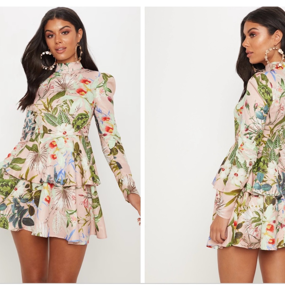 Floral Pink High Neck Tiered Skater Dress